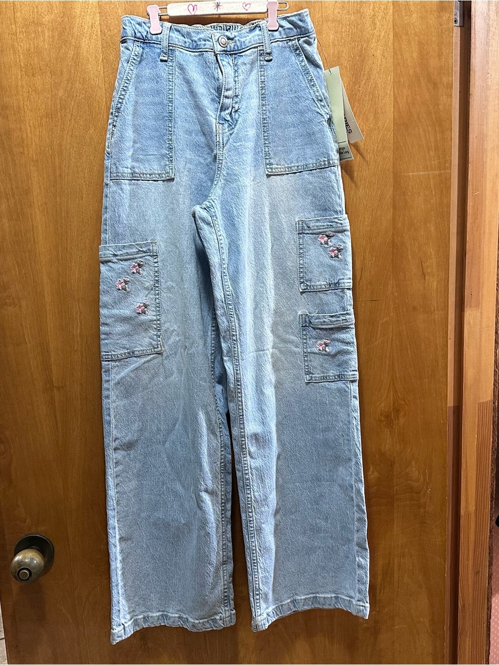 No Boundaries Light Blue Embroidered Cargo Wide-Leg Jeans - Women